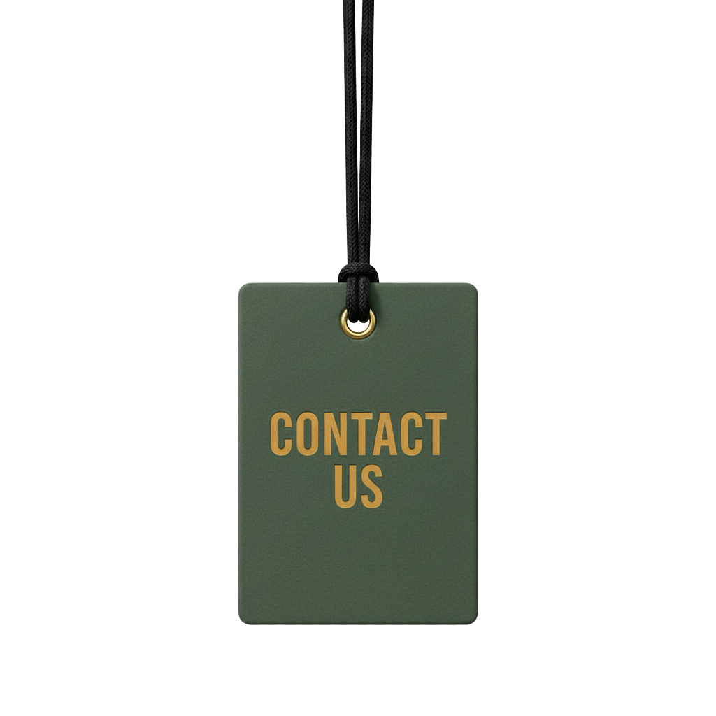 Contact Us air freshener tag hanging from a string